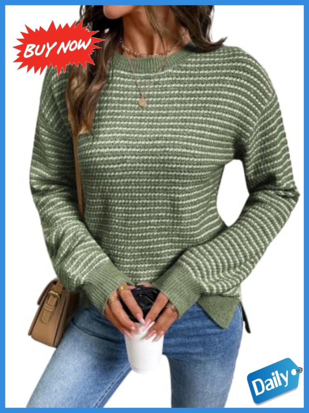 Women's Long Sleeve Crewneck Striped Pullover Sweater Side Split Knit